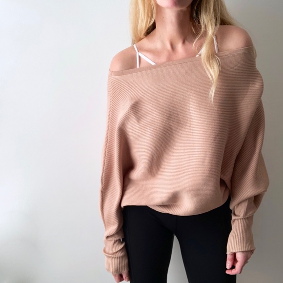 Off Shoulder Sand Ribbed Knit Pullover - Picture 2 of 8